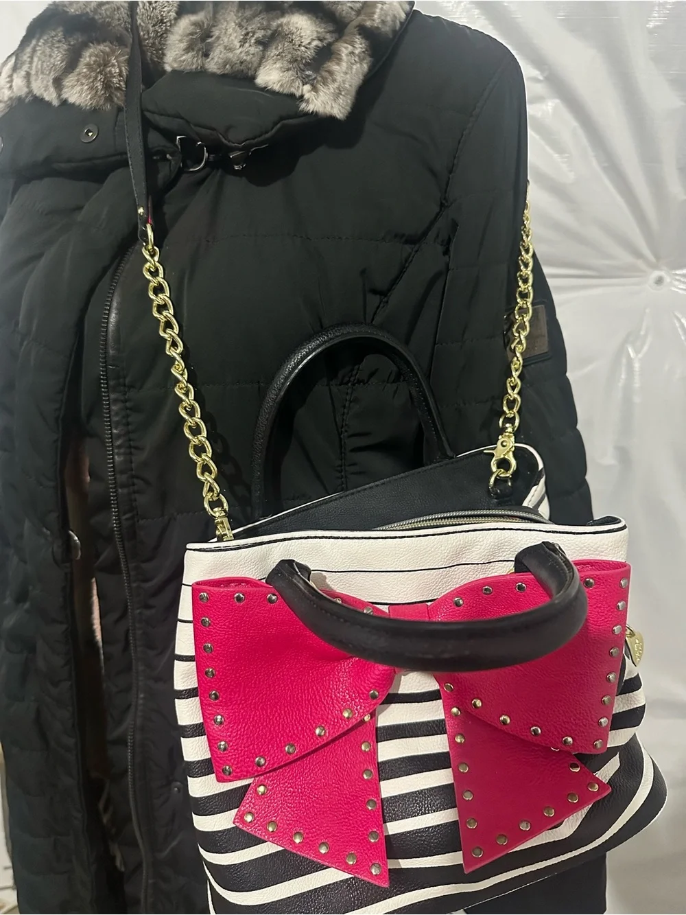 Betsey Johnson Black and White Striped Satchel with Hot Pink Bow